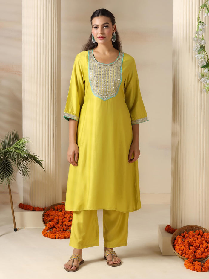 Women Liva Lemon Yellow Embroidered Kurta Comfort Pant Jacquard Dupatta.