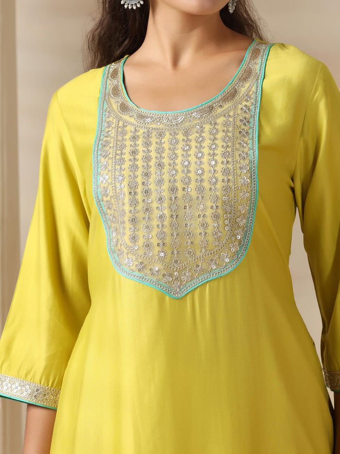 Women Liva Lemon Yellow Embroidered Kurta Comfort Pant Jacquard Dupatta.