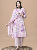 Women Liva Lilac Floral Print Kurta Comfort Pant Dupatta.