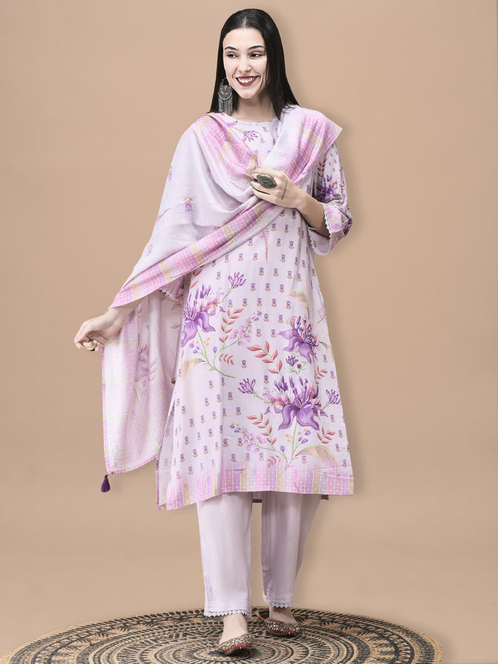 Women Liva Lilac Floral Print Kurta Comfort Pant Dupatta.