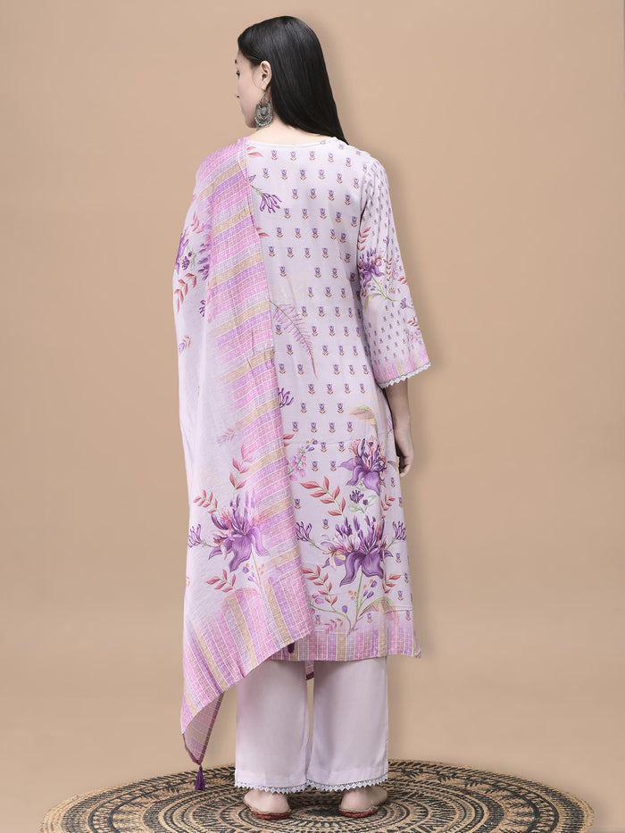 Women Liva Lilac Floral Print Kurta Comfort Pant Dupatta.