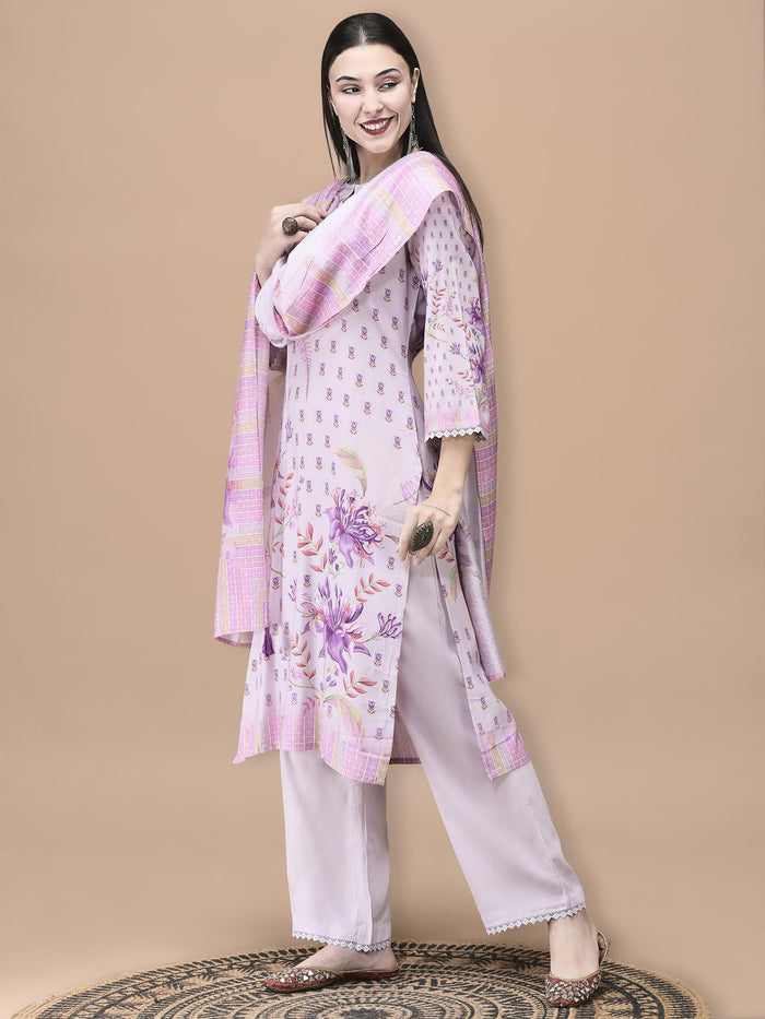 Women Liva Lilac Floral Print Kurta Comfort Pant Dupatta.