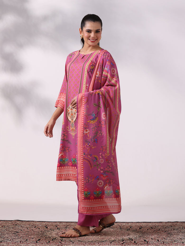 Women Liva Lilac Floral Print Kurta Comfort Pant Dupatta