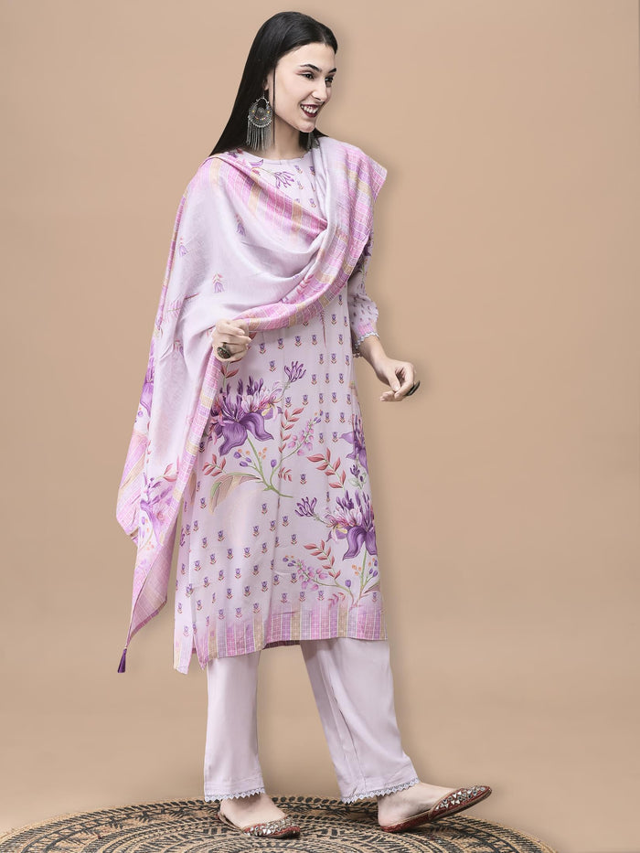 Women Liva Lilac Floral Print Kurta Comfort Pant Dupatta.