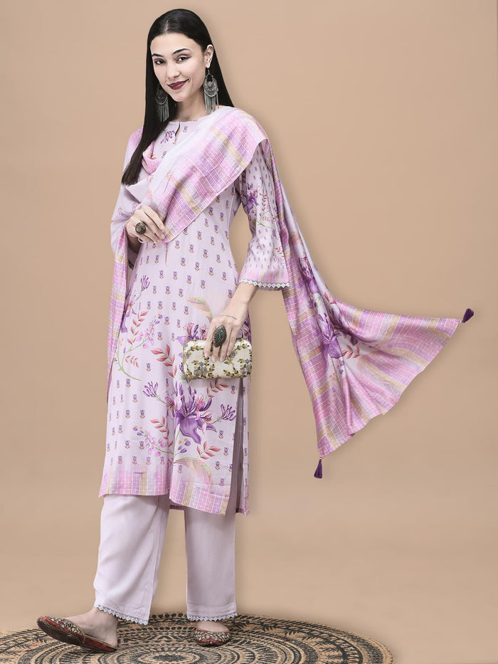 Women Liva Lilac Floral Print Kurta Comfort Pant Dupatta.