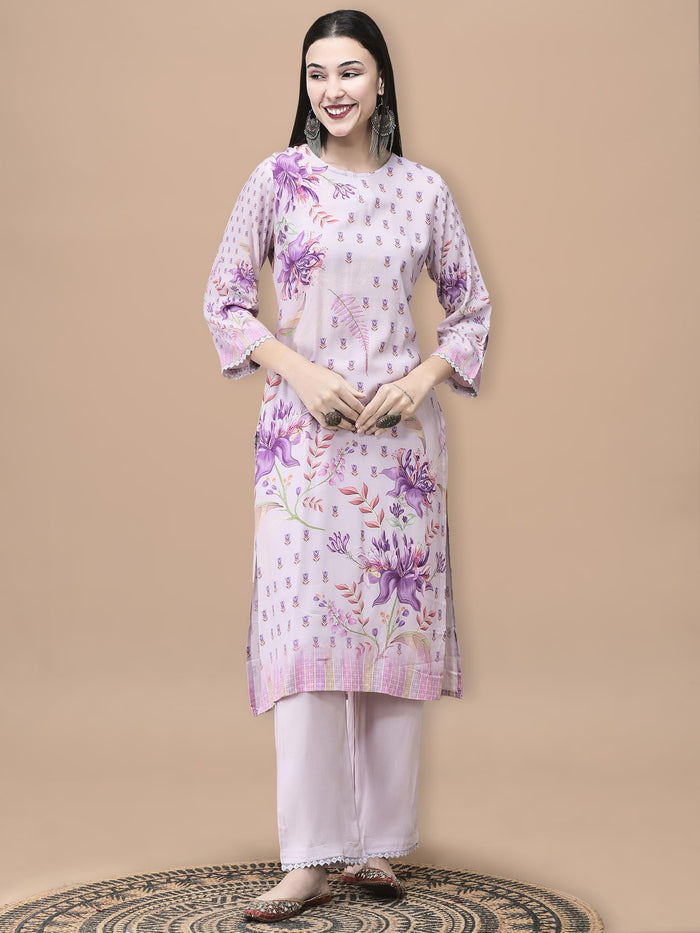 Women Liva Lilac Floral Print Kurta Comfort Pant Dupatta.