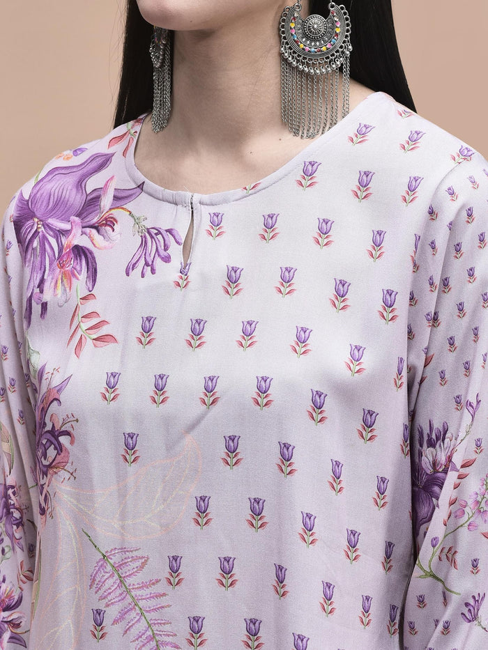 Women Liva Lilac Floral Print Kurta Comfort Pant Dupatta.