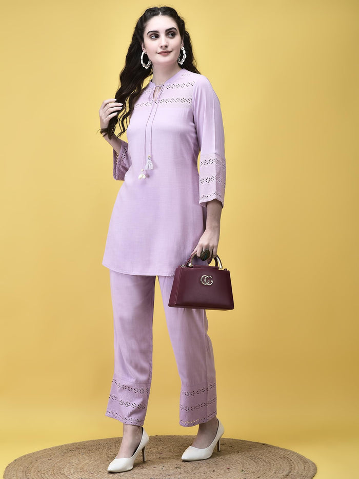 Women Liva Lilac Schiffli embroidered Solid Co-Ord Set.