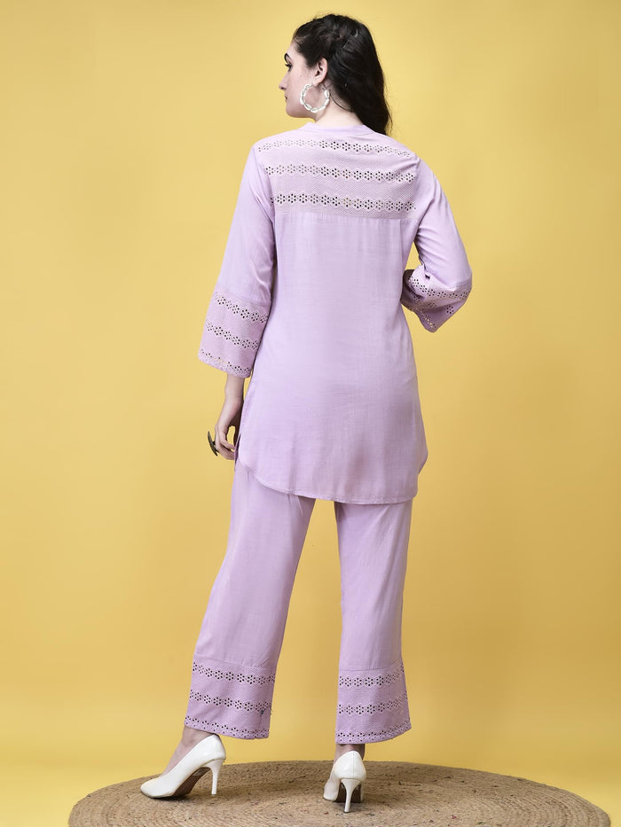 Women Liva Lilac Schiffli embroidered Solid Co-Ord Set.