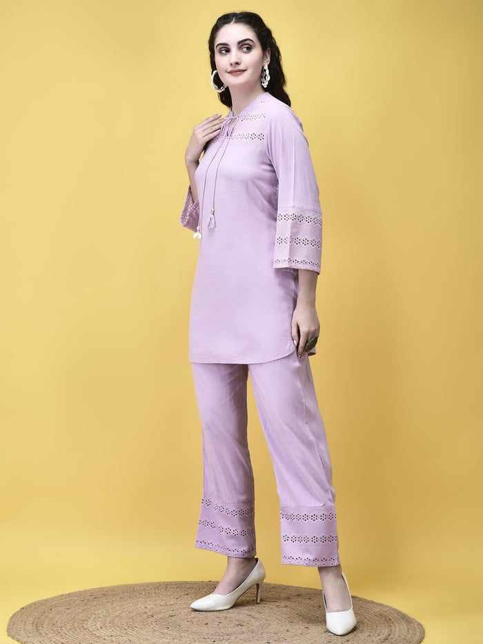 Women Liva Lilac Schiffli embroidered Solid Co-Ord Set.