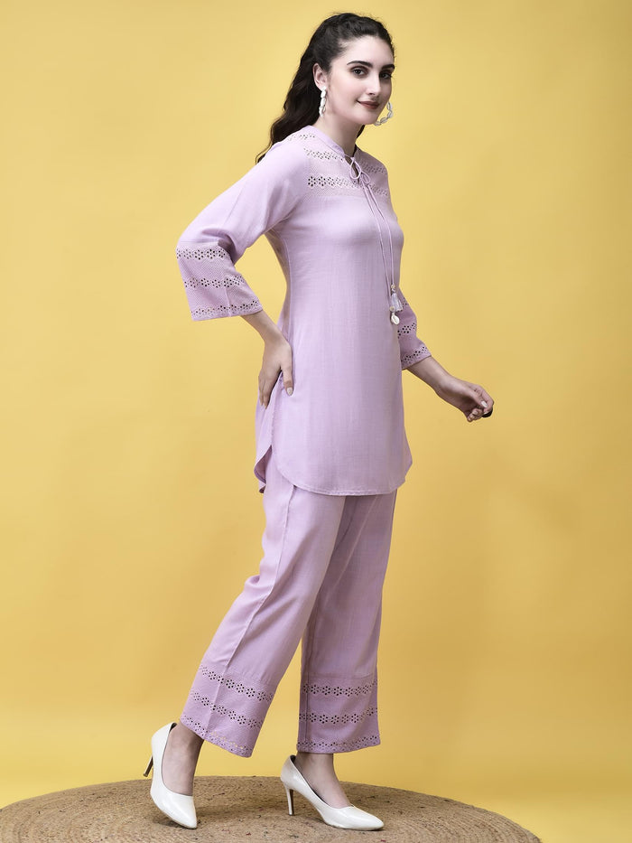 Women Liva Lilac Schiffli embroidered Solid Co-Ord Set.