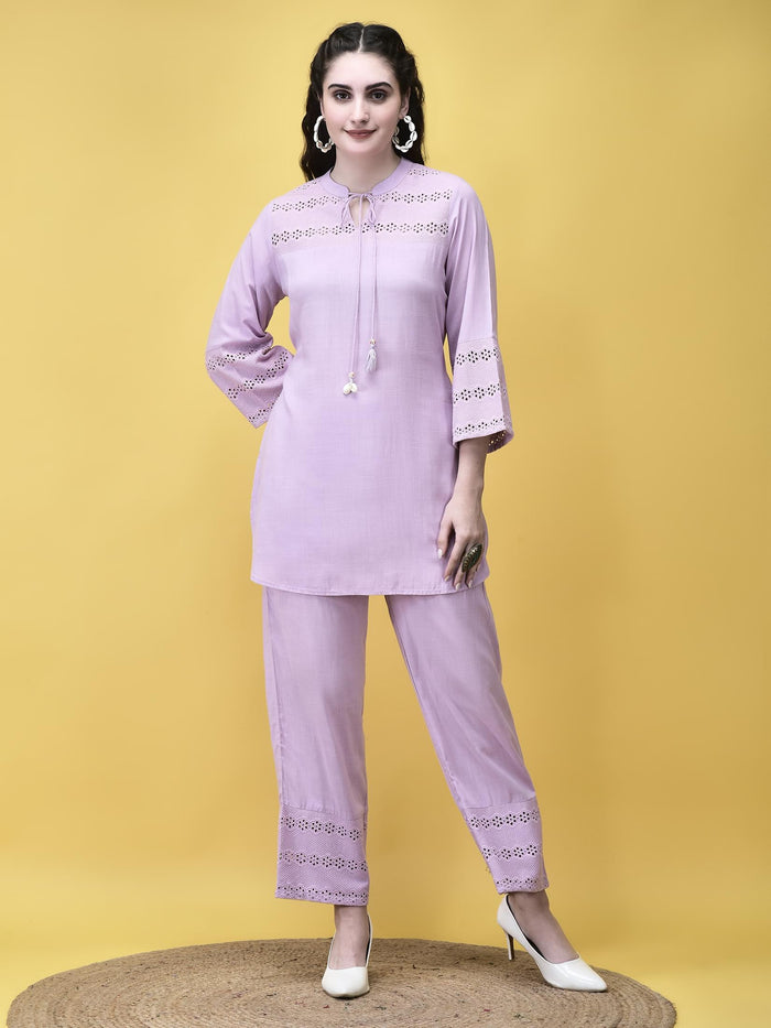 Women Liva Lilac Schiffli embroidered Solid Co-Ord Set.