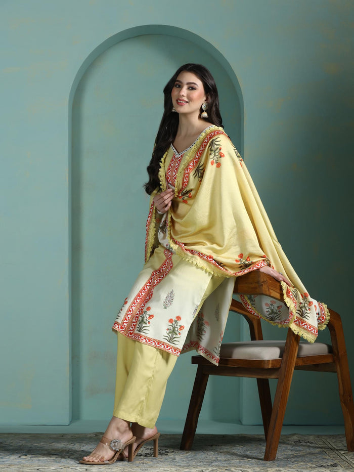 Women Liva Lime Yellow Printed Kurta Comfort Pant Dupatta.