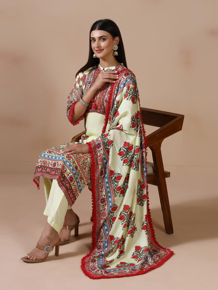 Women Liva Lime Yellow Printed Kurta Comfort Pant Dupatta.