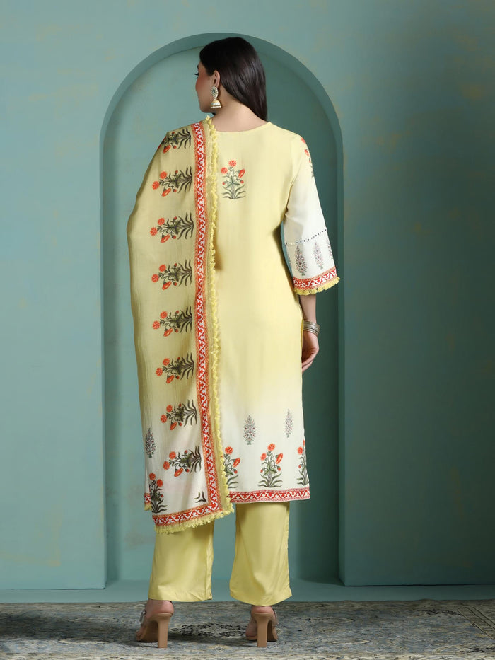 Women Liva Lime Yellow Printed Kurta Comfort Pant Dupatta.