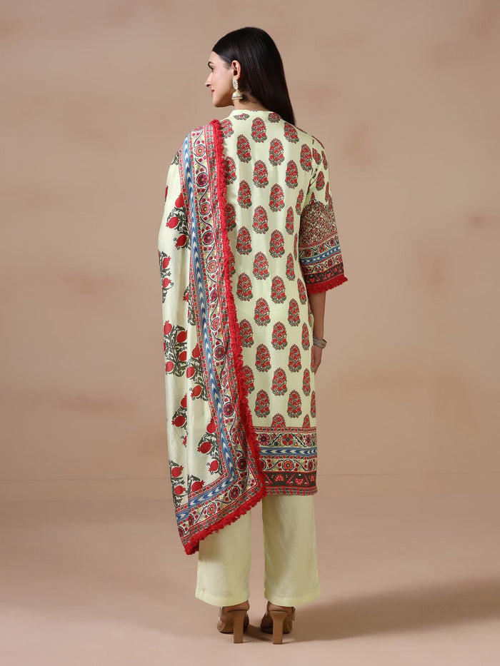 Women Liva Lime Yellow Printed Kurta Comfort Pant Dupatta.
