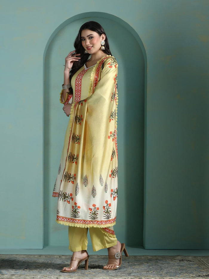 Women Liva Lime Yellow Printed Kurta Comfort Pant Dupatta.