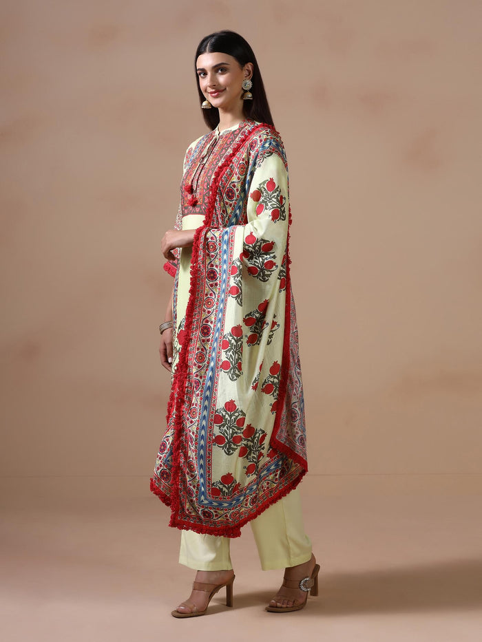 Women Liva Lime Yellow Printed Kurta Comfort Pant Dupatta.