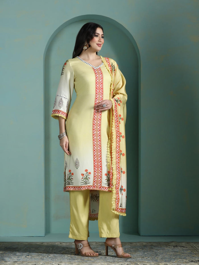 Women Liva Lime Yellow Printed Kurta Comfort Pant Dupatta.