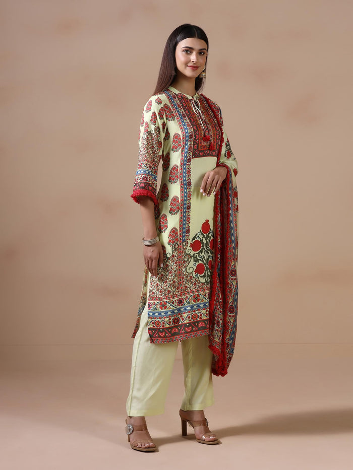 Women Liva Lime Yellow Printed Kurta Comfort Pant Dupatta.