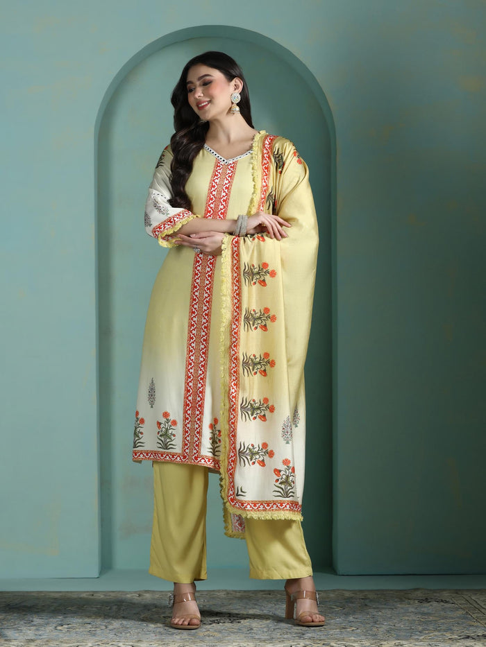 Women Liva Lime Yellow Printed Kurta Comfort Pant Dupatta.