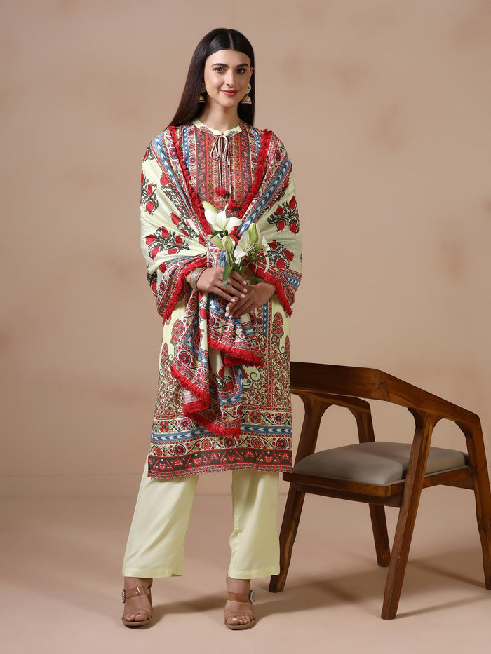 Women Liva Lime Yellow Printed Kurta Comfort Pant Dupatta.