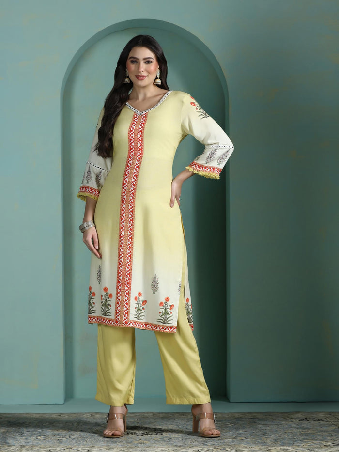 Women Liva Lime Yellow Printed Kurta Comfort Pant Dupatta.