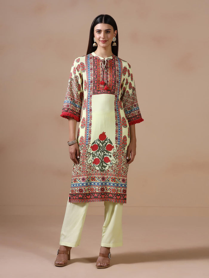 Women Liva Lime Yellow Printed Kurta Comfort Pant Dupatta.