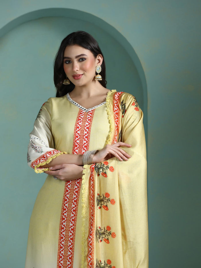 Women Liva Lime Yellow Printed Kurta Comfort Pant Dupatta.