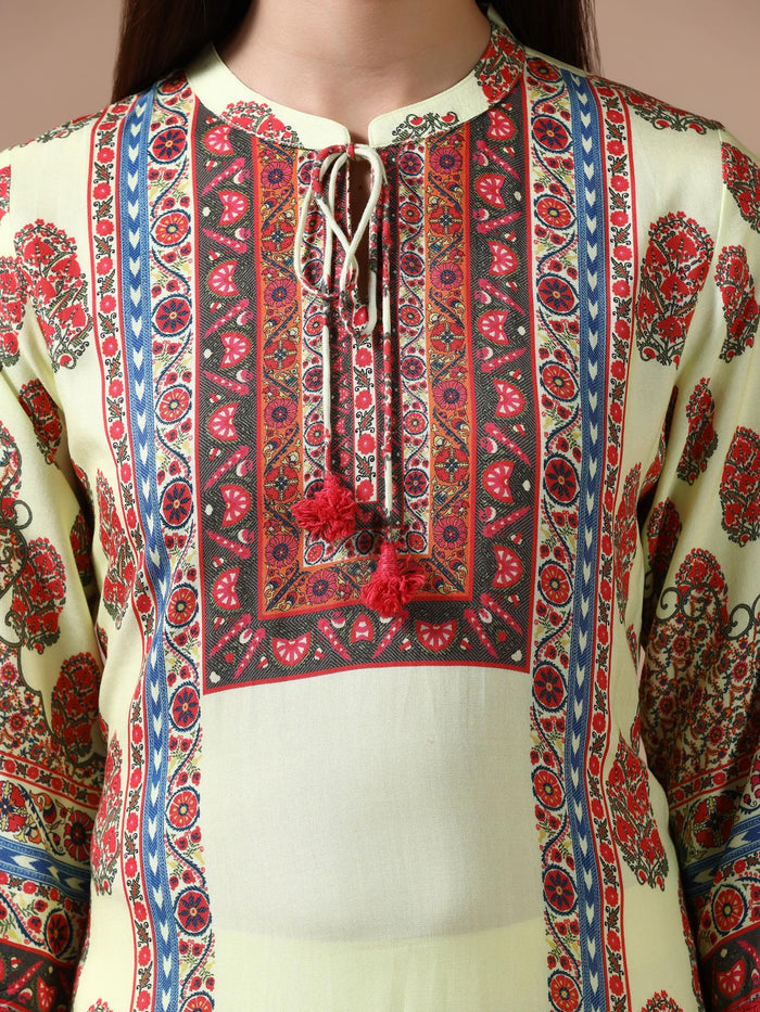 Women Liva Lime Yellow Printed Kurta Comfort Pant Dupatta.