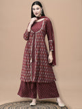 Women Liva Maroon Butti Print Kurta Wide Leg Pant Dupatta.