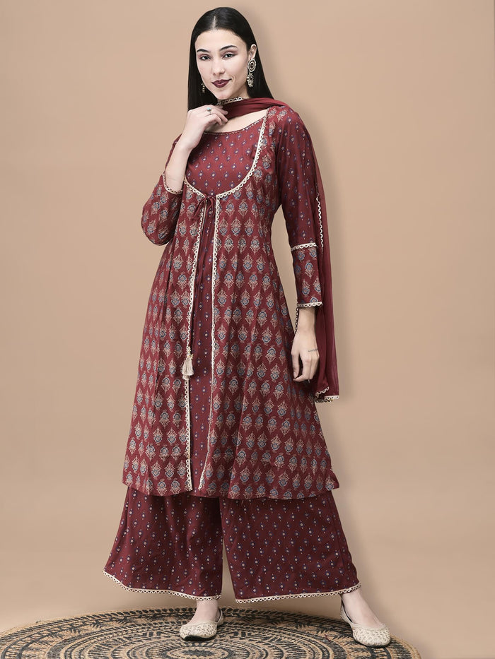 Women Liva Maroon Butti Print Kurta Wide Leg Pant Dupatta.