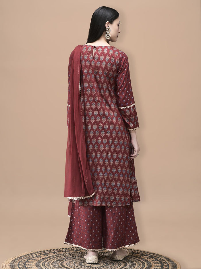 Women Liva Maroon Butti Print Kurta Wide Leg Pant Dupatta.