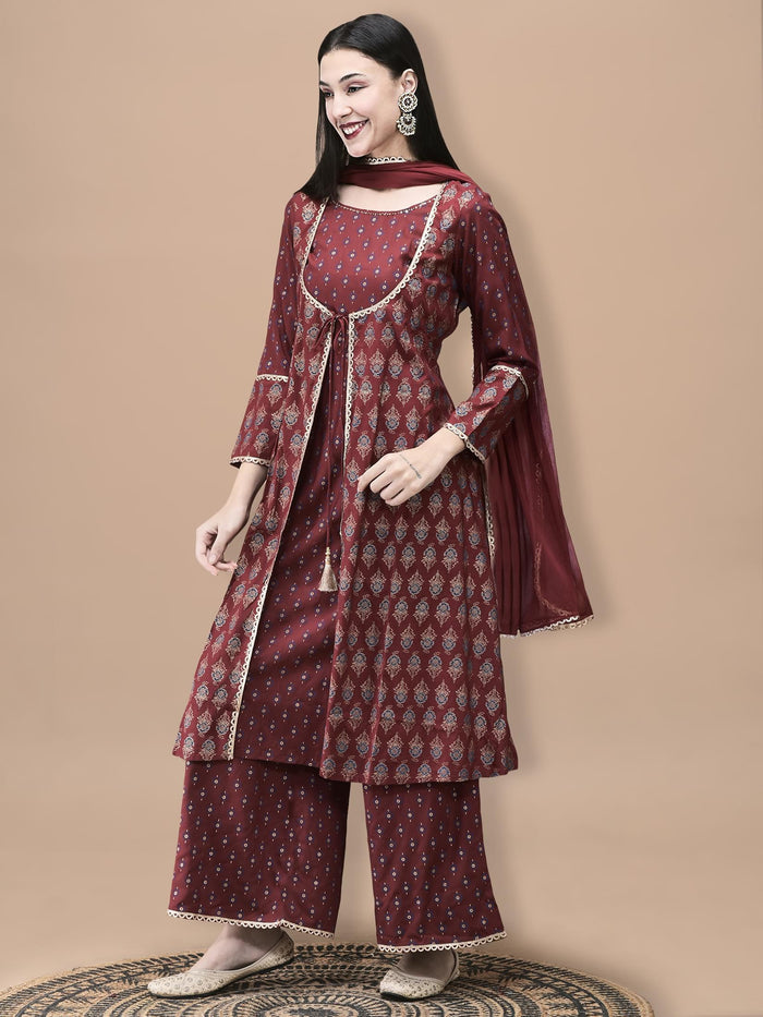 Women Liva Maroon Butti Print Kurta Wide Leg Pant Dupatta.