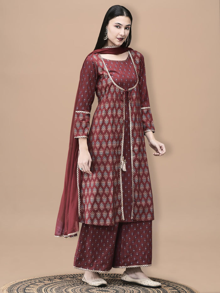 Women Liva Maroon Butti Print Kurta Wide Leg Pant Dupatta.