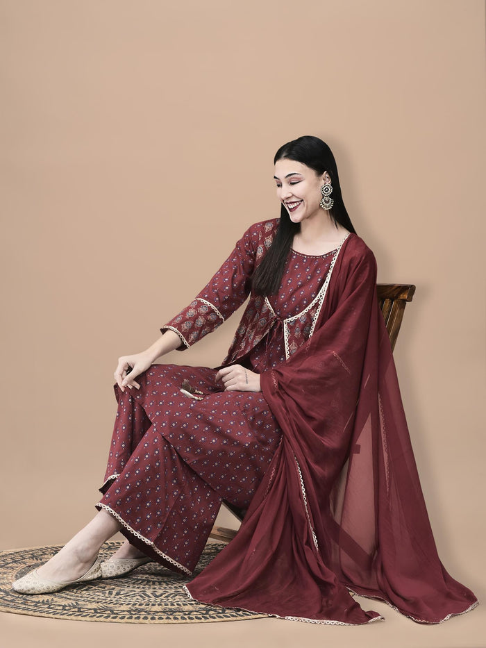 Women Liva Maroon Butti Print Kurta Wide Leg Pant Dupatta.