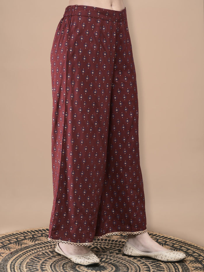 Women Liva Maroon Butti Print Kurta Wide Leg Pant Dupatta.