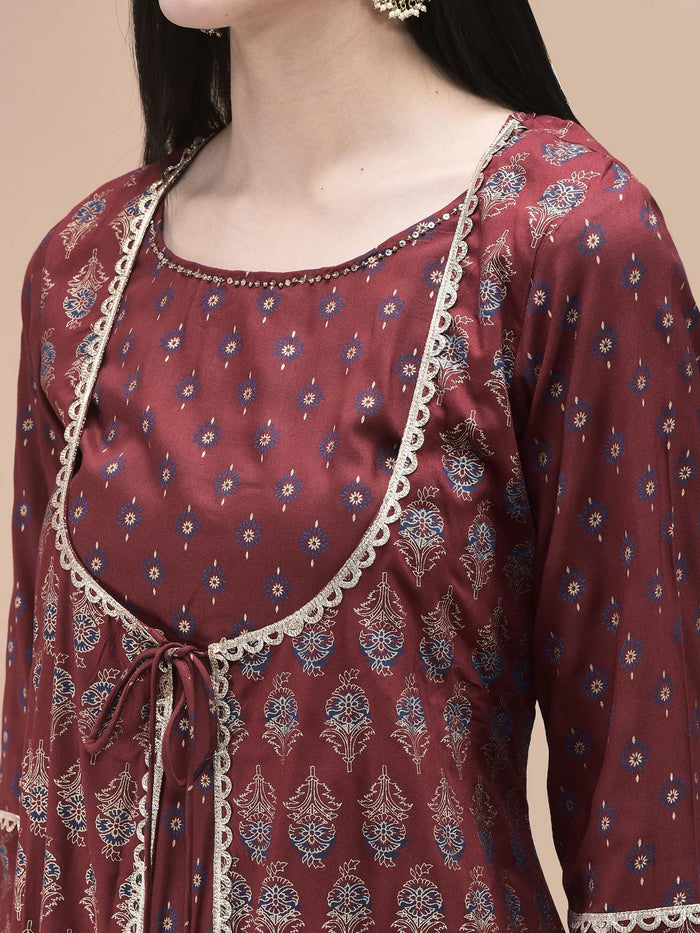 Women Liva Maroon Butti Print Kurta Wide Leg Pant Dupatta.