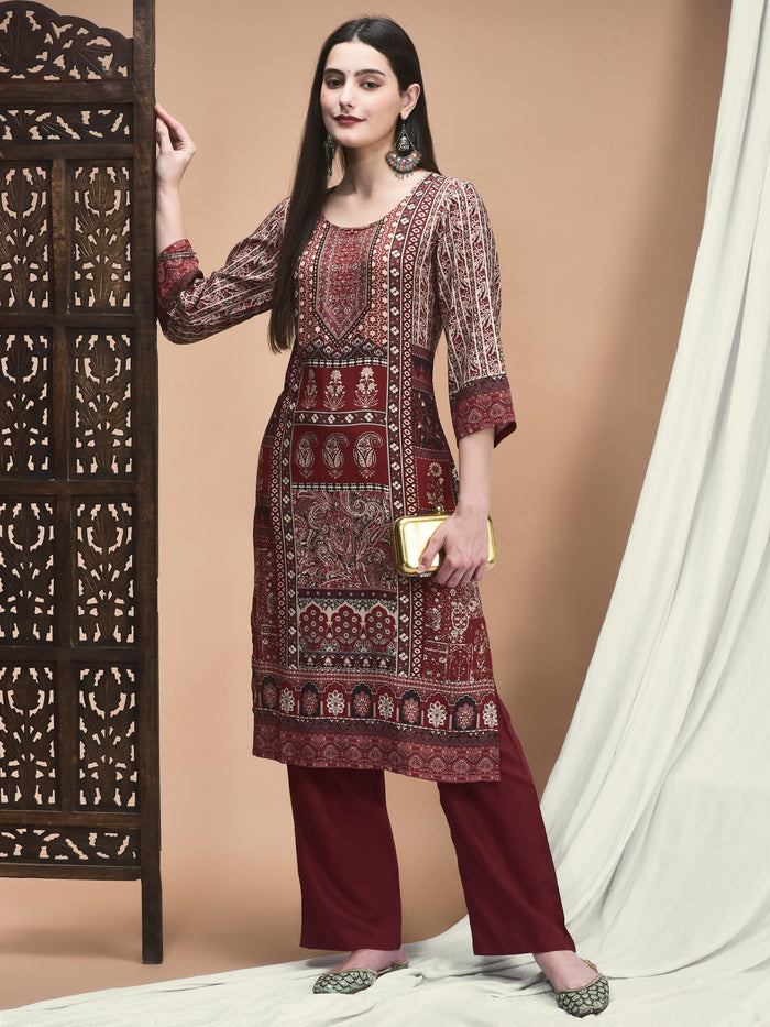 Women Liva Maroon Ornamental Print Kurta With Comfort Pant.