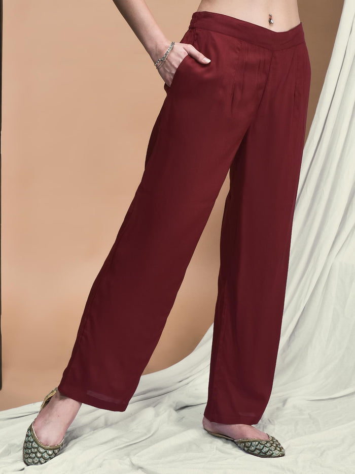 Women Liva Maroon Ornamental Print Kurta With Comfort Pant.