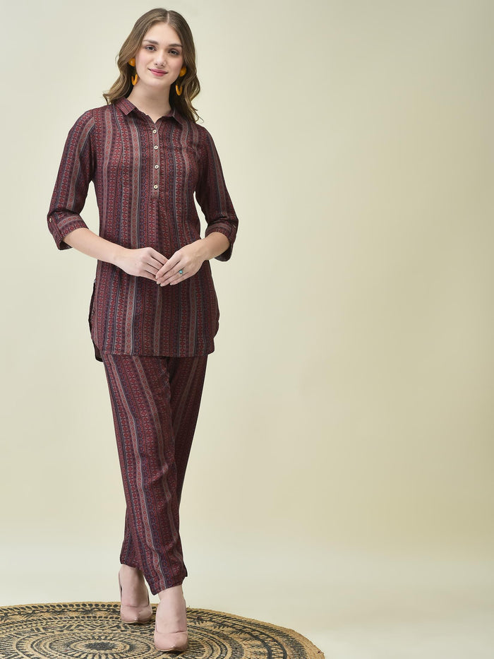 Women Liva Maroon Stripe Print Co-Ord Set.