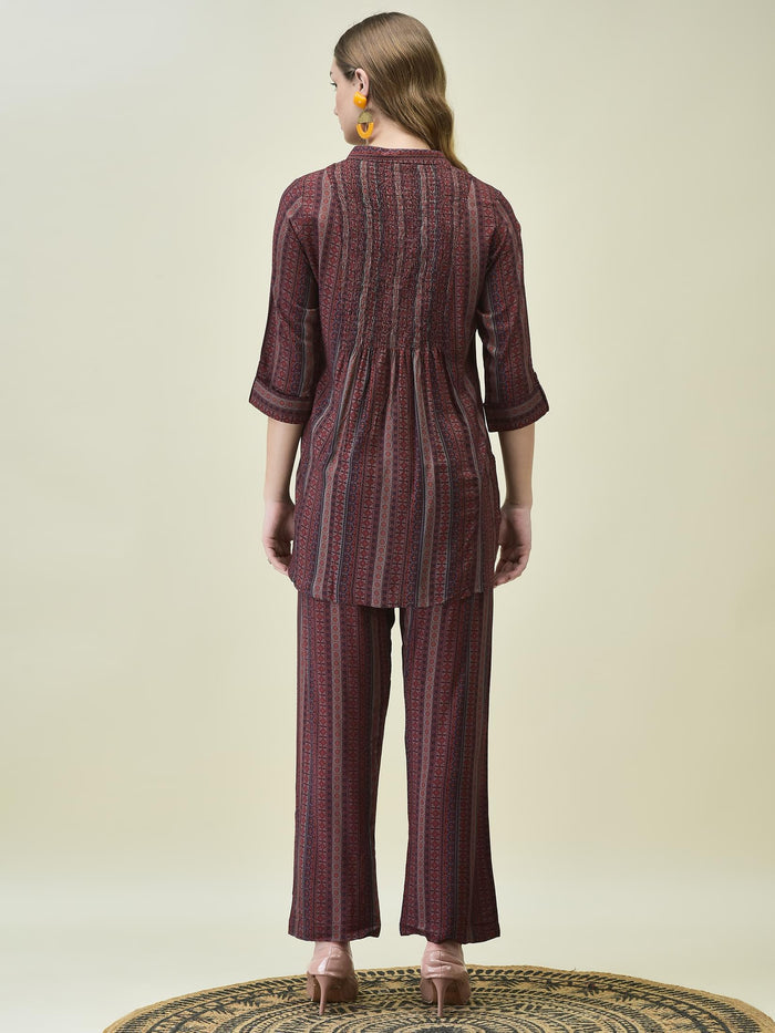 Women Liva Maroon Stripe Print Co-Ord Set.