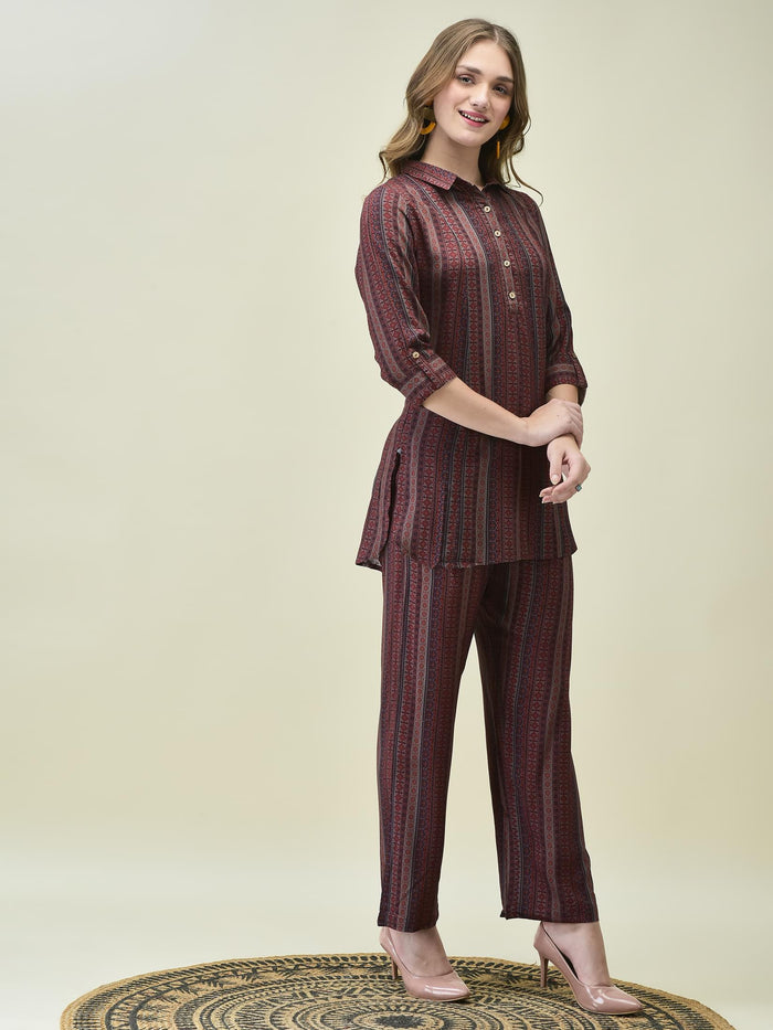 Women Liva Maroon Stripe Print Co-Ord Set.