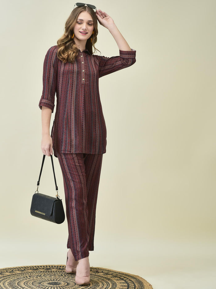 Women Liva Maroon Stripe Print Co-Ord Set.