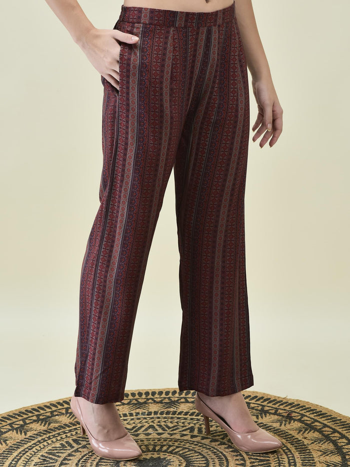 Women Liva Maroon Stripe Print Co-Ord Set.