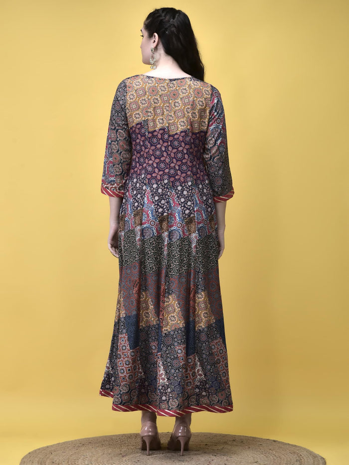 Women Liva Multicolor Ajrakh Print Dress.