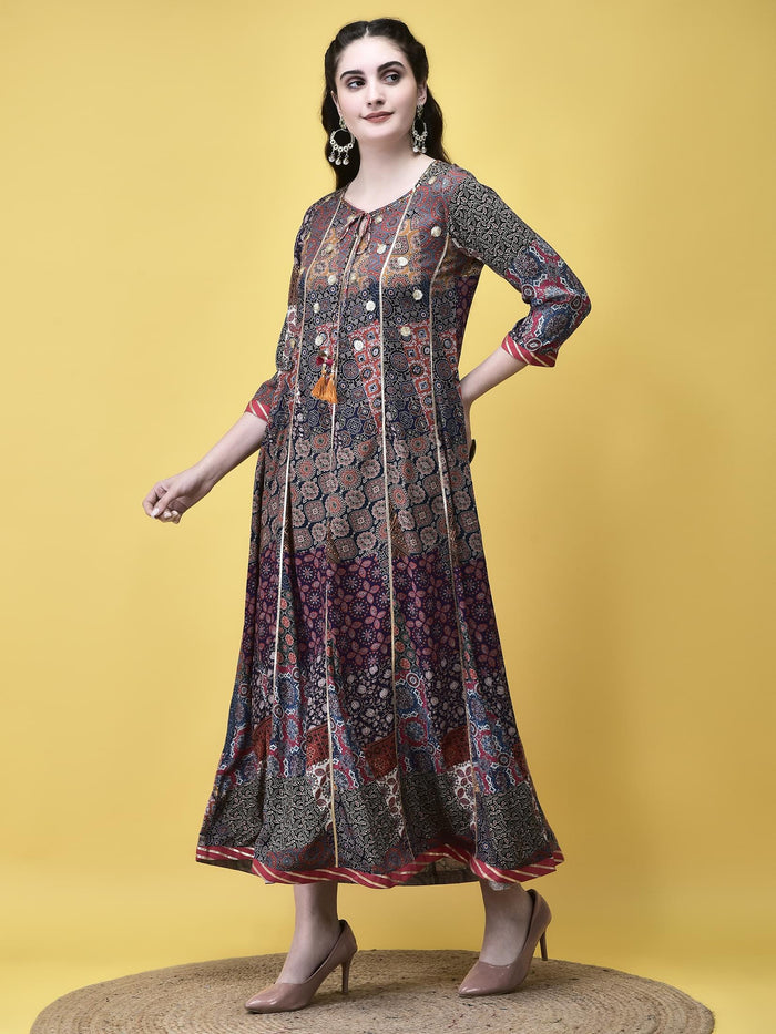 Women Liva Multicolor Ajrakh Print Dress.