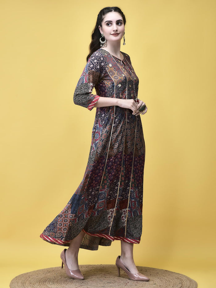 Women Liva Multicolor Ajrakh Print Dress.