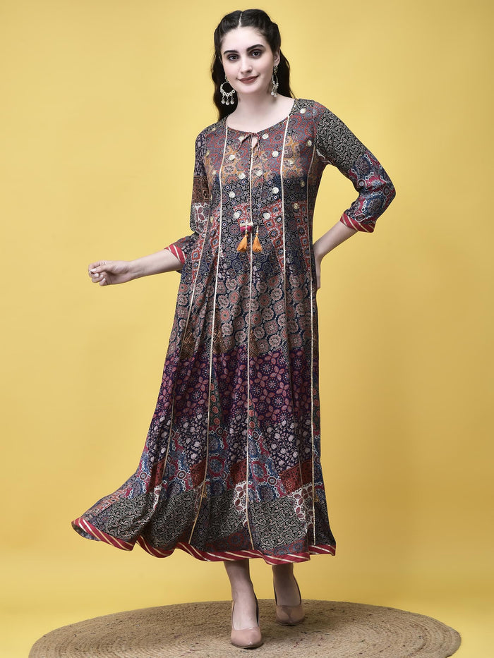 Women Liva Multicolor Ajrakh Print Dress.