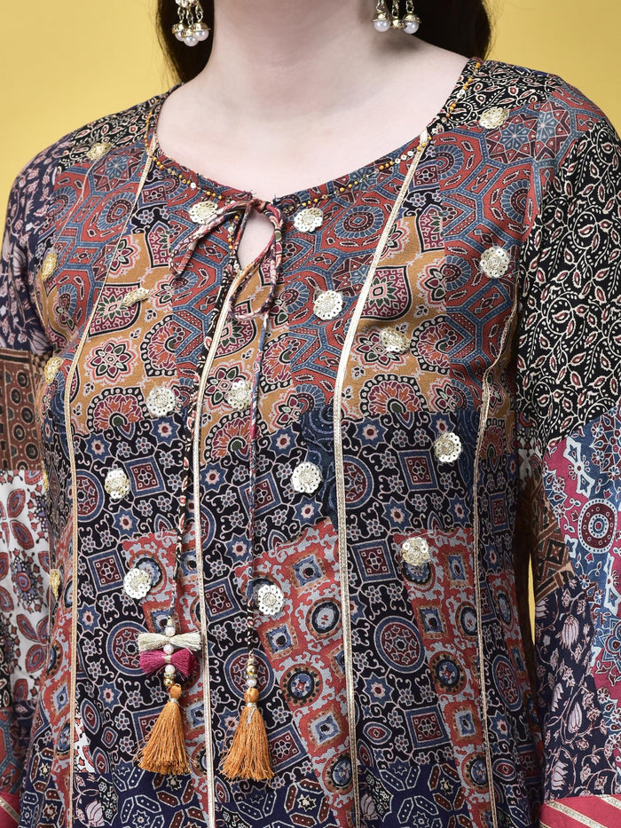 Women Liva Multicolor Ajrakh Print Dress.